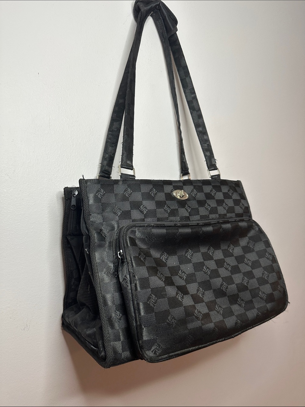 Black Checkered Tote Handbag with Front Zip Pocket